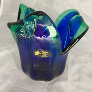 Murano White Cristal  Italy Blown Arte Glass Vase Blue Clear Teal new